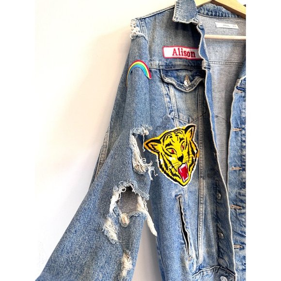 MNG by Mango RARE UNIQUE Vintage Jean Jacket Patchwork Distressed Women'… - Picture 3 of 6